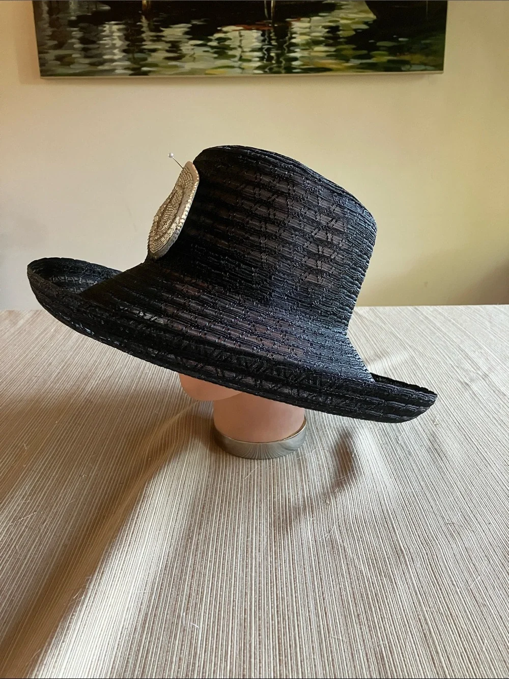 Elegant Black Wide-Brim Hat with Silver Rhinestone Beaded Sequined Accent